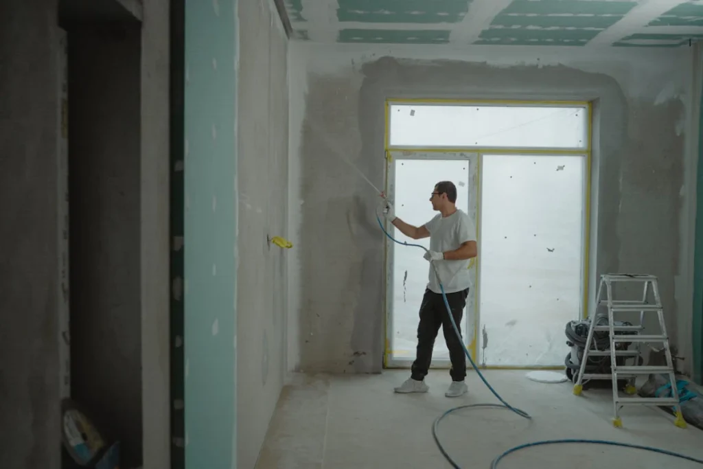 man applies paint to a room using a spray gun