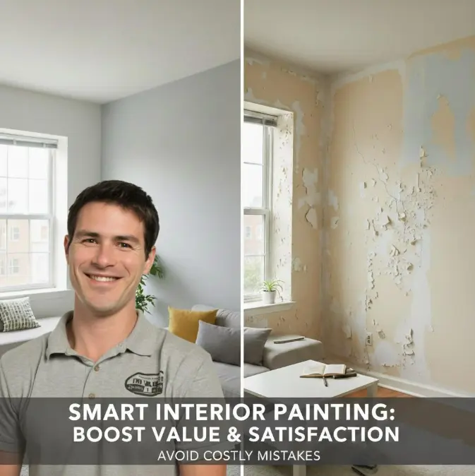 Professional interior painter standing in a freshly painted living room beside a wall with peeling paint, highlighting the impact of proper surface preparation.