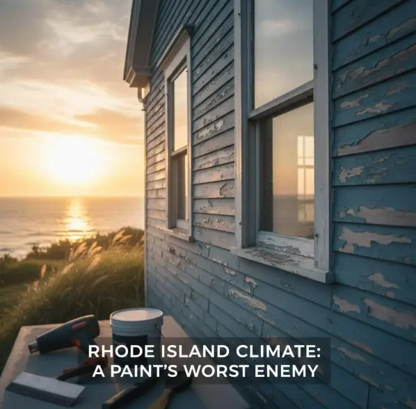 Weathered coastal home in Rhode Island with peeling exterior paint exposed to sun, salt air, and moisture