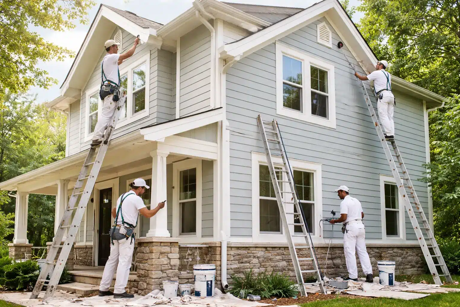 Professional exterior painters applying weather-resistant paint to a residential home after proper surface preparation and priming.