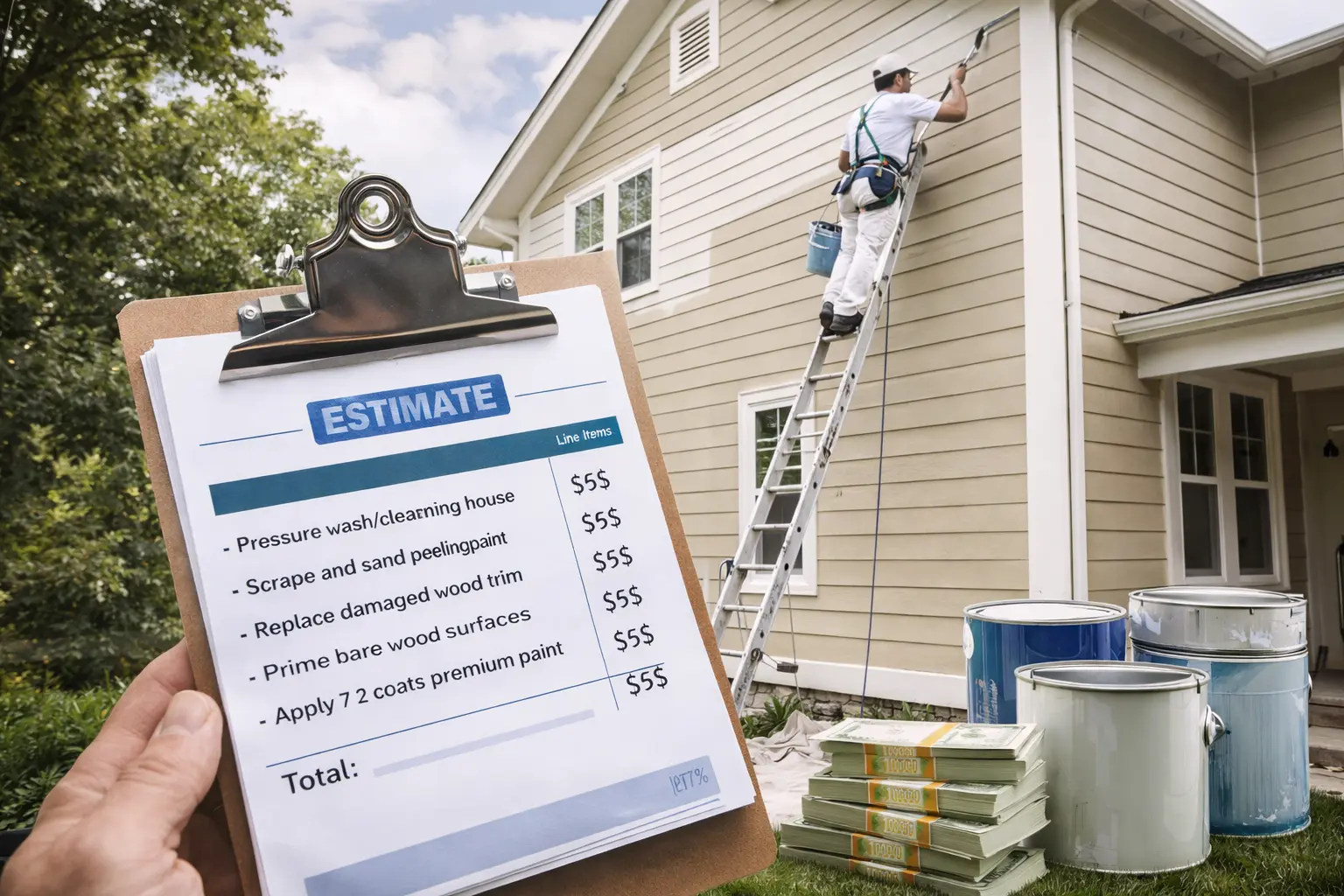 Exterior house painter working on a residential home with a detailed painting estimate showing prep work, materials, and labor costs.