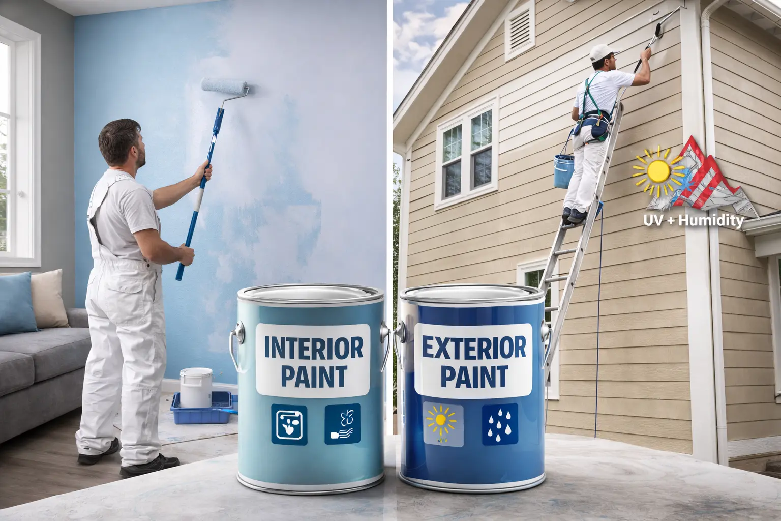 Side-by-side comparison of interior and exterior painting, showing interior paint applied indoors for cleanability and exterior paint used outdoors for weather and UV protection.