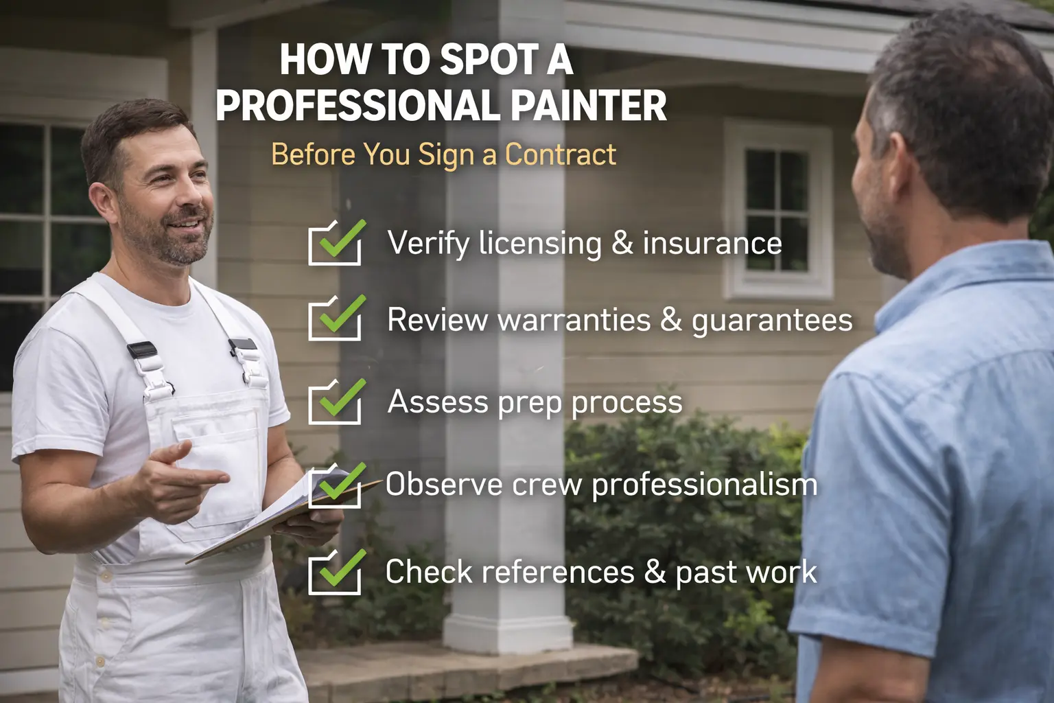 Professional painter discussing licensing, warranties, prep process, and references with a homeowner before signing a painting contract.
