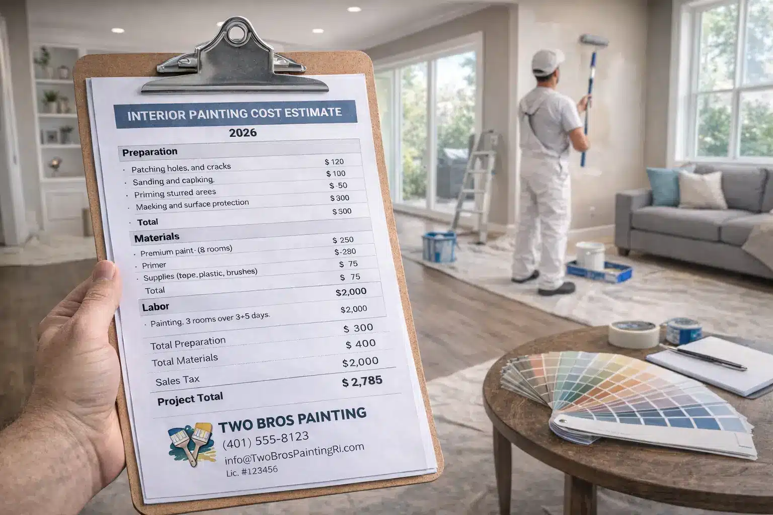 Interior house painter working in a living room with a detailed 2026 interior painting cost estimate from Two Bros Painting showing prep, materials, and labor.