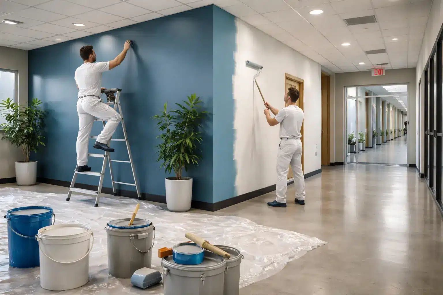 Commercial painters touching up interior office walls with rollers and ladder, protective coverings and paint buckets on the floor.