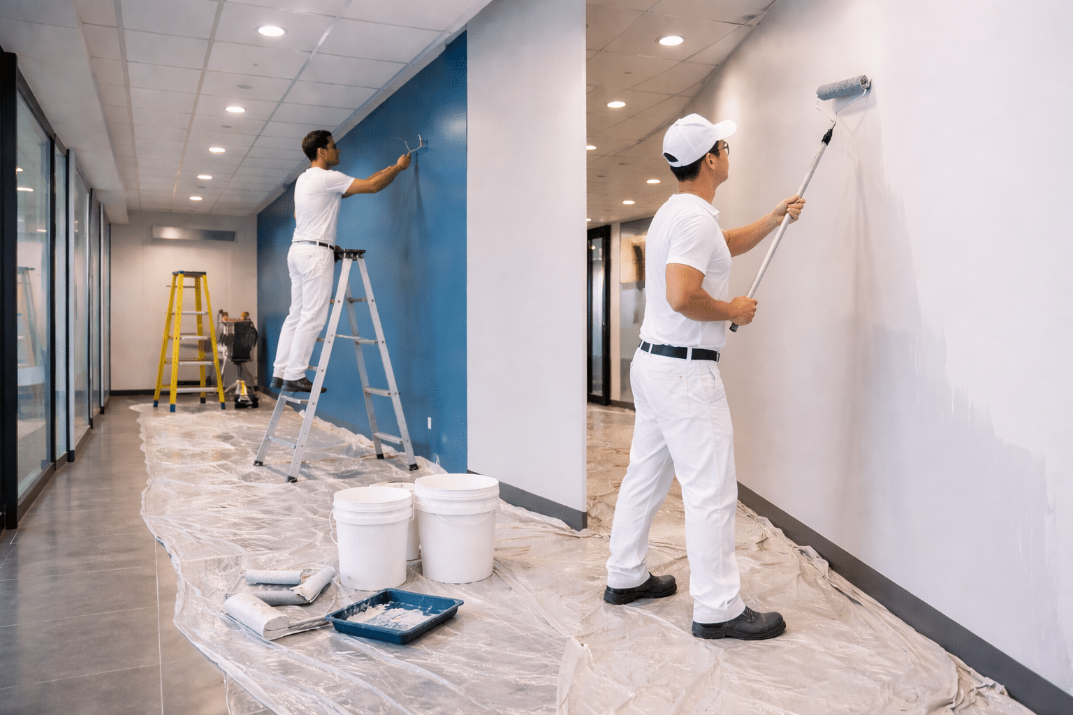 Commercial painters rolling interior office walls with protective floor coverings in place.