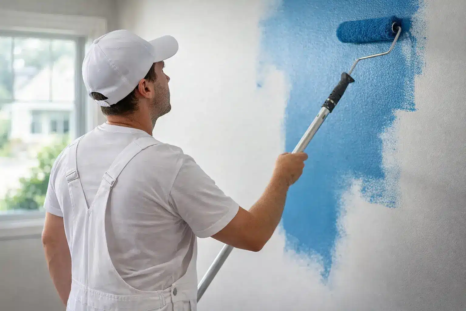 Professional painter applying blue latex paint to an interior wall using a roller on an extension pole.