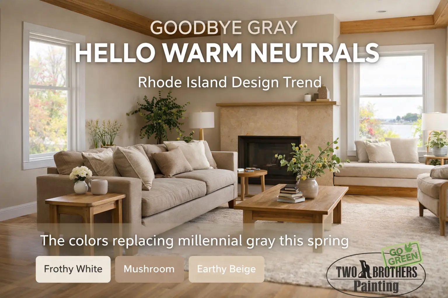 Warm neutral living room with beige walls, wood accents, and cozy furniture replacing millennial gray in Rhode Island homes