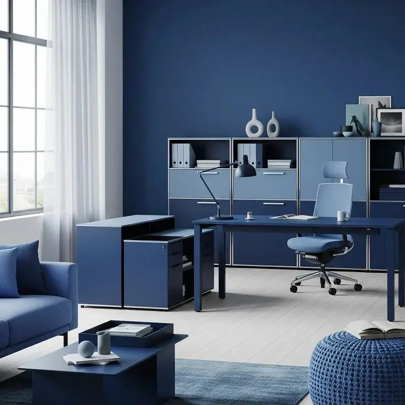 modern corporate conference room with calming blue wall colors designed to support workplace productivity