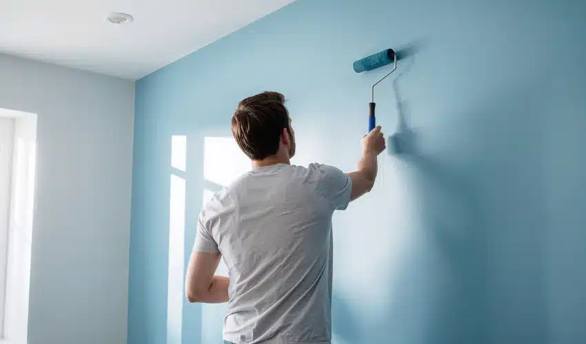 Professional painter applying smooth and even paint finish on interior wall with precise brushwork and clean lines