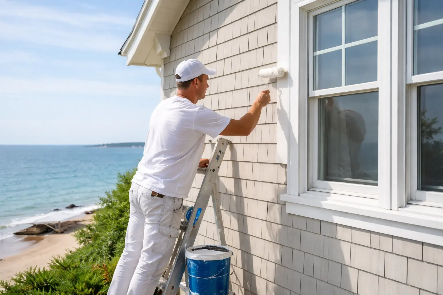 Coastal home exterior painting preparation in Rhode Island with ocean exposure and sunlight