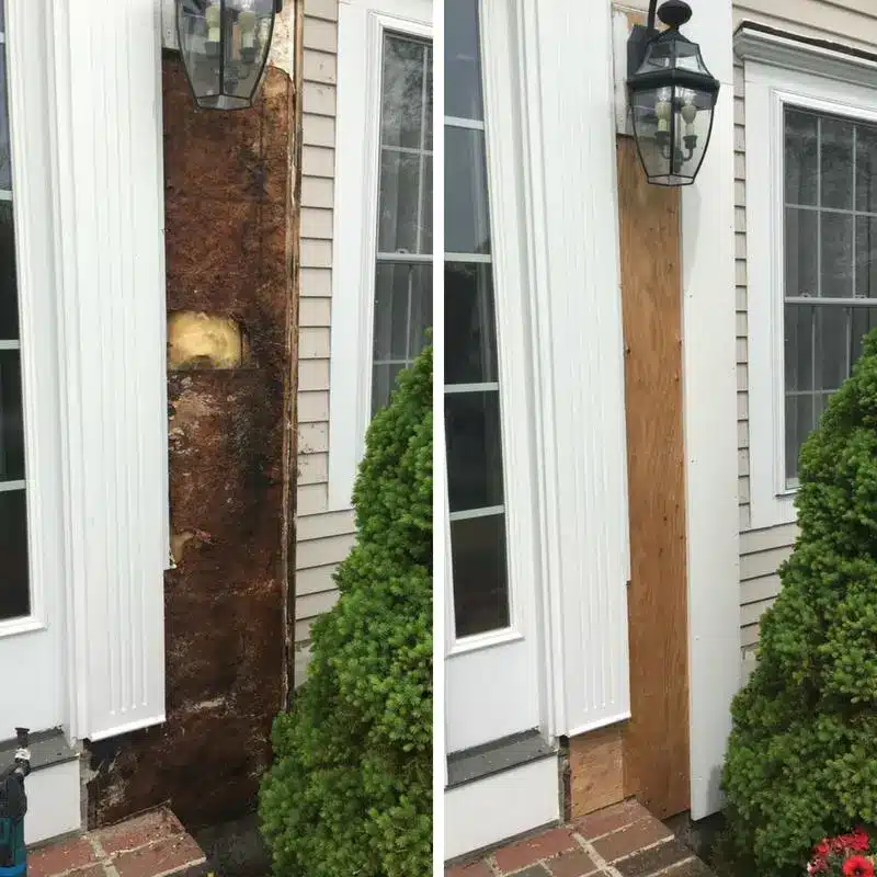 Damaged exterior wood trim with peeling paint and rot being repaired by professional painters in Rhode Island