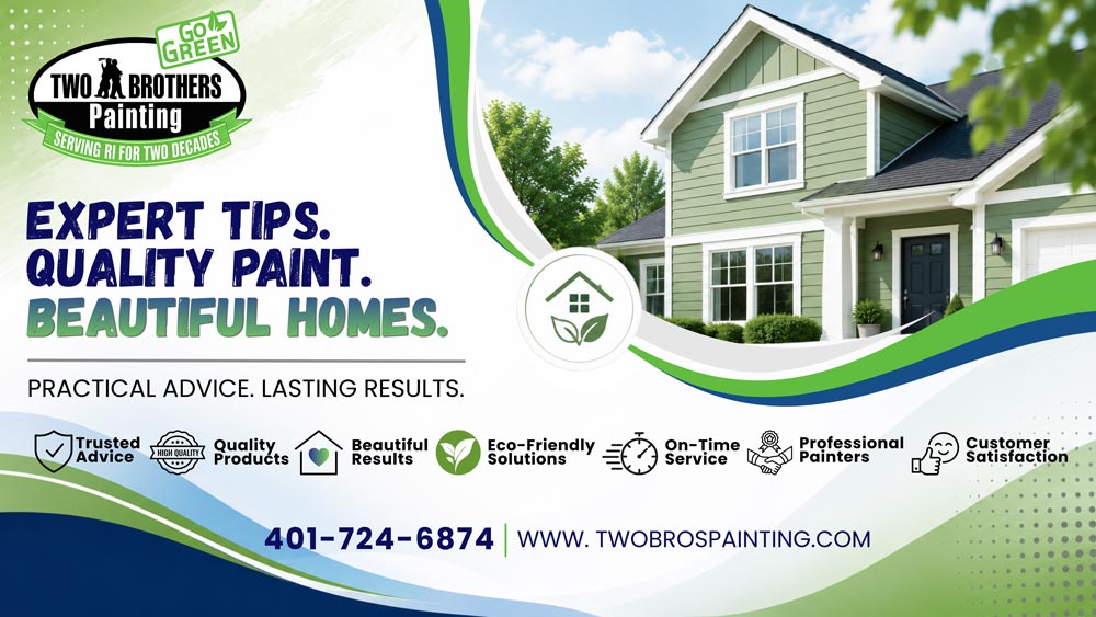 Two Brothers Painting promotional banner showing a freshly painted green house with text reading "Expert Tips. Quality Paint. Beautiful Homes." and phone number 401-724-6874.