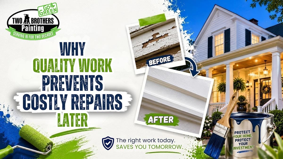 Two Brothers Painting blog banner with text "Why Quality Work Prevents Costly Repairs Later," featuring before-and-after photos of peeling paint repaired with fresh white paint beside a clean house exterior.